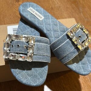 Steve Madden Denim Slide Sandals with Crystal Buckle